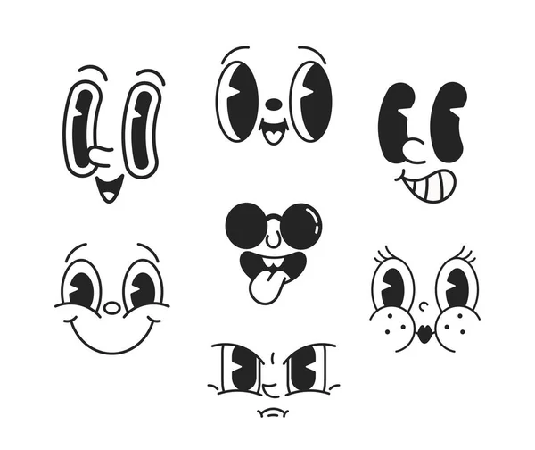 Lively Black White Cartoon Comic Style Faces Set Featuring Expressive — Stock Vector