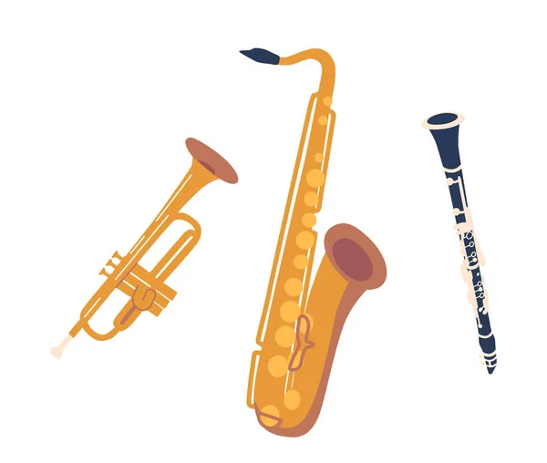 Saxofon Trumpet Och Klarinett Några Ikoniska Musikjazzinstrument Som Ger Rytm — Stock vektor