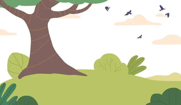 郁郁葱葱的夏日田野 高高地矗立着一棵孤零零的树 为充满活力的绿色环境提供了阴影和风景秀丽的景色 卡通风景背景 自然草地 病媒图解 — 图库矢量图片