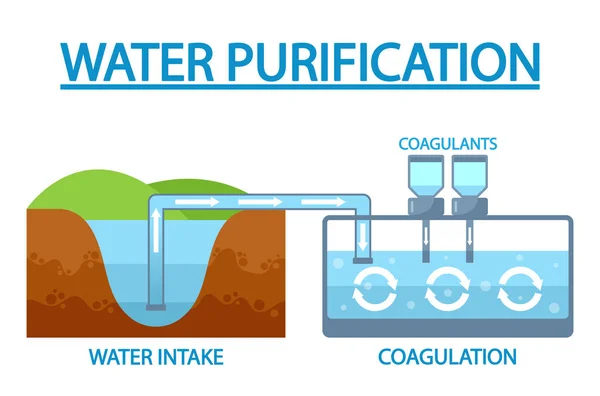 Water Purification Stages Involve Intake Raw Water Followed Coagulation Impurities — Stock Vector