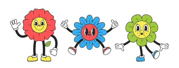 Personnages Fleurs Excentriques Colorés Y2K Avec Une Esthétique Ludique Rétro — Image vectorielle