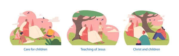 Vereinzelte Elemente Mit Jesu Biblischem Charakter Sitzen Unter Einem Baum — Stockvektor
