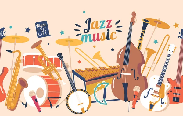 Horizontaal Naadloos Patroon Met Musical Jazz Instrumenten Saxofoon Trompet Piano — Stockvector