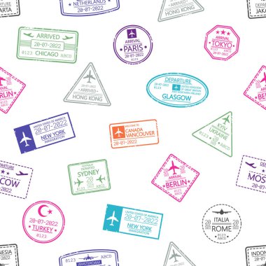 Kusursuz Şablon Ayrılış Damgaları Seyahat temalı Tasarımlar İçin Mükemmel. Değişik zevkler, biraz seyahat tutkusu ve projelere macera eklemeyi de içeriyor. Çizgi film Vektör İllüstrasyonu