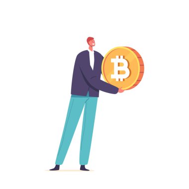 Erkek Karakteri, Devasa Bitcoin, Merkezi Para Birimi, Finansal İşlemlerini Kontrol Ediyor ve Engelleme Teknolojisi Potansiyelini Kucaklıyor. Çizgi film Vektör İllüstrasyonu