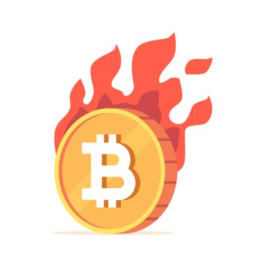 Ateşli Bitcoin Parası, Kriptopara 'nın uçucu doğasını, Değeri, Yatırımını ve Hem Büyüme hem de Risk İçin Potansiyeli temsil eden alevlere gömüldü. Çizgi film Vektör İllüstrasyonu