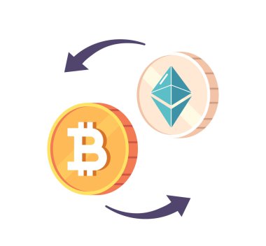 Ethereum ve Bitcoin karşılığında Kripto Para Takas Hizmetleri. Kullanıcıların bu dijital varlıkları güvenli ve münasip bir şekilde alıp satmalarını sağlıyor. Çizgi film Vektör İllüstrasyonu