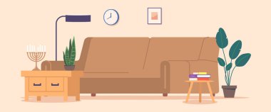 Sıcak ve Davetli Oturma Odası bir menorayla süslenmiş, Hanuka ve Yahudi geleneklerini temsil eden. Toplantılar ve düşünceler için rahat ve anlamlı bir yer. Vektör İllüstrasyonu