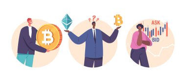 Şifreli Para İşlemleri, Dijital Aktarımlar, Engelleme Teknolojisi, Yatırım, Güvenlik Sağlayan Karakterlerle İzole Edilmiş Yuvarlak Simgeler veya Görseller. Çizgi film İnsanları Vektör İllüstrasyonu