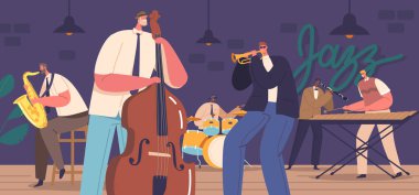 Dynamic Jazz Band Characters Performing Live On Stage, Captivating The Audience With Rhythmic Melodies, Soulful Improvisations, And Energetic Music Performances. Cartoon People Vector Illustration clipart