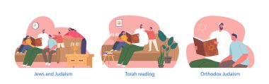 Yahudi Aile Karakterleri 'nin bir araya geldiği tecrit edilmiş elementler Tevrat' ı okuma, dini geleneklerini onurlandırma, Ortodoks Yahudiliği öğrenme kutsal eylemine daldılar. Vektör İllüstrasyonu