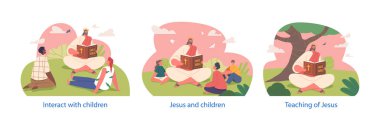 İsa 'yla izole edilmiş elementler, kutsal İncil' in öğretilerini güneşli bir yaz tarlasında çocuklarla paylaşıyor, sevgi öğretiyor ve kutsal bilgiyi yayıyor. Çizgi film İnsanları Vektör İllüstrasyonu