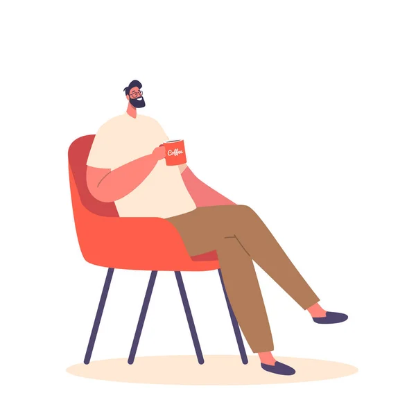 松驰的男人坐在椅子上 享受着一杯咖啡 他的姿态在品尝温暖的饮料时表现出了安慰 被白色背景隔离的男性角色 卡通人物矢量图解 — 图库矢量图片