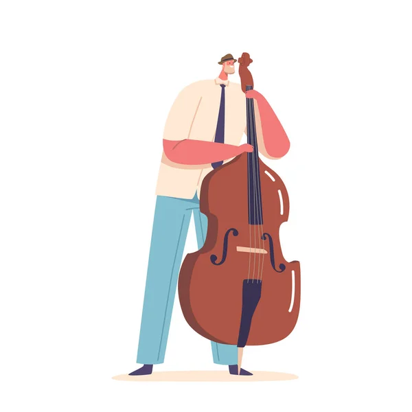 Isolated Musician Male Character Playing Contrabass Cello String Instrument Perform — Stock Vector