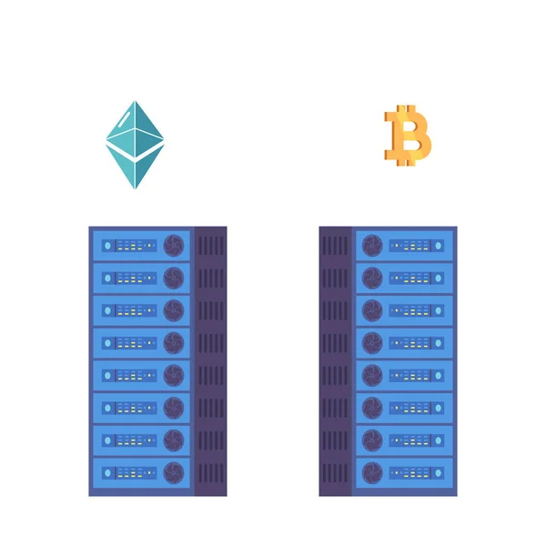 EthereumとBitcoinネットワークの操作とメンテナンスに特化した強力なサーバー 彼らは取引を処理し ブロックを検証し これらの分散デジタル通貨の機能を確保する — ストックベクタ