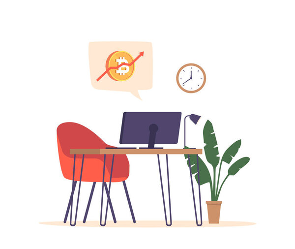 Dynamic And High-tech Cryptocurrency Trader Workplace Featuring Pc Screen, Btc Growing Chart, Real-time Data, Trading Software, For Digital Asset Trading And Analysis. Cartoon Vector Illustration