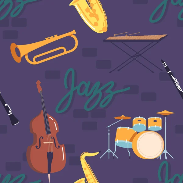 ジャズ楽器 Xylophone ダブルベース サクソフォン ドラムキット トランペットの盛り合わせを特徴とするシームレスなパターン タイル繰り返し背景 活気のあるデザイン 漫画ベクターイラスト — ストックベクタ
