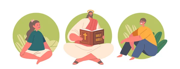 Odizolowane Okrągłe Ikony Postaci Jezusa Urzekają Dzieci Czytając Biblię Dzieląc — Wektor stockowy