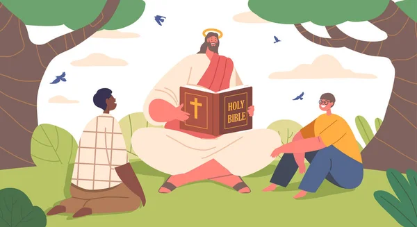 Postać Jezusa Szerząca Mądrość Miłość Czytająca Biblię Dzieciom Słonecznym Letnim — Wektor stockowy