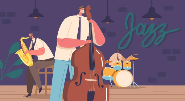Dynamic Jazz Band Personaggi Sul Palco Accattivante Pubblico Con Loro — Vettoriale Stock