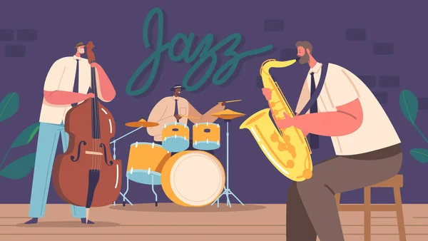 Jazz Band Stage Μουσική Συναυλία Καλλιτέχνες Χαρακτήρες Στη Σκηνή Τύμπανα — Διανυσματικό Αρχείο