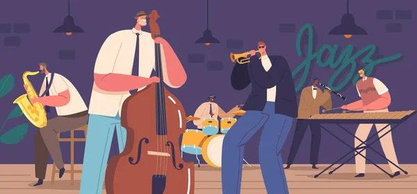 Dynamische Jazz Band Characters Live Optreden Het Podium Boeiend Audience — Stockvector
