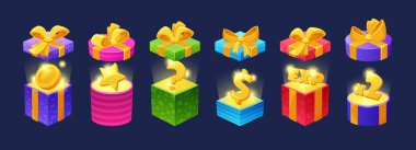 Servetleri ve sürprizleri olan hediye kutularını aç. İçinde madeni para, yıldız, soru işareti, dolar, deneyim ve ışık bulunan ayrık renkli paketler var. Çizgi film Vektör İllüstrasyonu