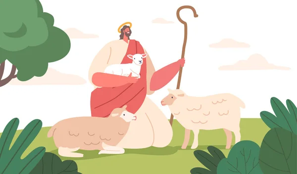 美しいシーンはイエスのキャラクター牧師の平和とセレニティを除く 緑豊かな夏の牧草地で羊の群れに囲まれた羊飼いの抱きしめ子羊を描いています 漫画人ベクトルイラスト — ストックベクタ