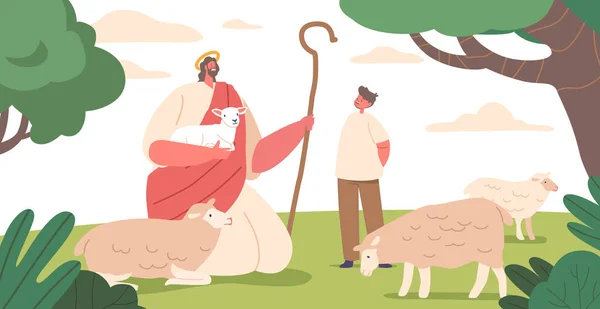 Spokojna Scena Postaci Jezusa Chrystusa Jako Pasterza Otoczony Przez Łagodne — Wektor stockowy