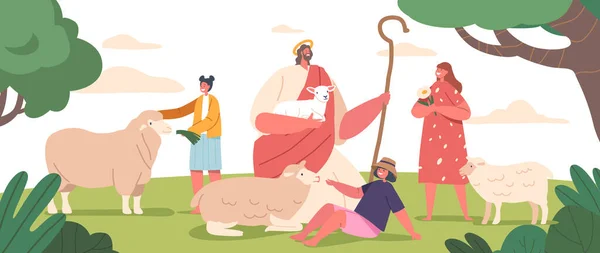 耶稣圣经人物作为牧人的宁静场景 被一群羊包围 而孩子们在夏日阳光下聚集在他身边的草地上 卡通人物矢量图解 — 图库矢量图片