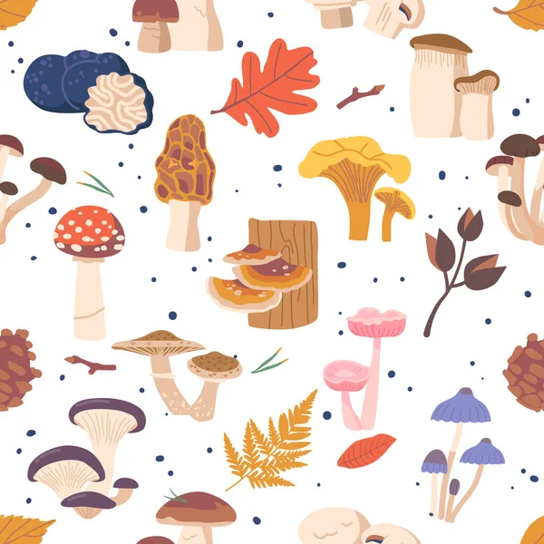 Seamless Pattern Featuring Delightful Array Forest Mushrooms Creating Whimsical Enchanting — Stock Vector