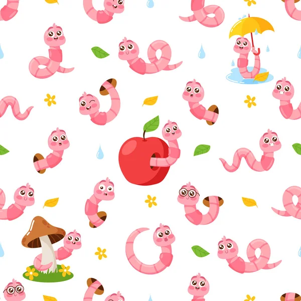 Delightful Seamless Pattern Featuring Cute Adorable Cartoon Worms Apples Mushrooms — Stock Vector