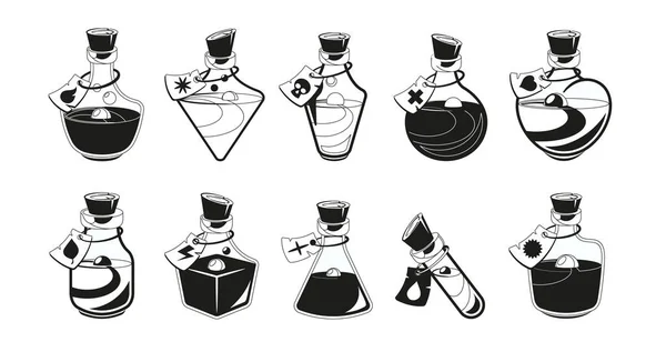 Magic Potion Bottles Black Icons Set Monochrome Vials Each Crafted — Stock Vector
