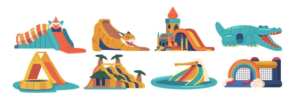 stock vector Thrilling And Exhilarating Inflatable Rides Offer Fun-filled Adventure For All Ages. Bounce, Slide, And Jump Attractions for Endless Hours Of Excitement And Entertainment. Cartoon Vector Illustration