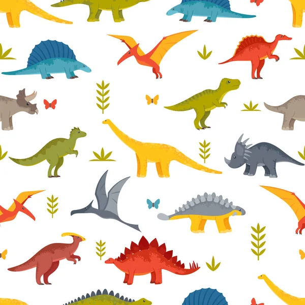 Vibrant Childish Seamless Pattern Featuring Cute Playful Dinosaurs Various Poses - Stok Vektor