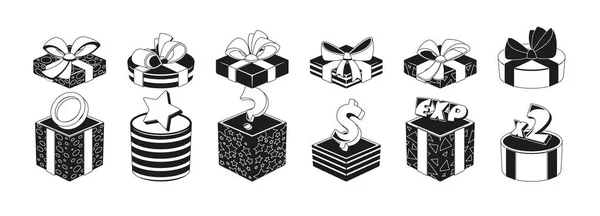 資産と驚きの隔離された黒いアイコンを持つオープンギフトボックスのセット 弓とコインで飾らパッケージ 質問記号 ゲーム体験内部 漫画ベクターイラスト — ストックベクタ