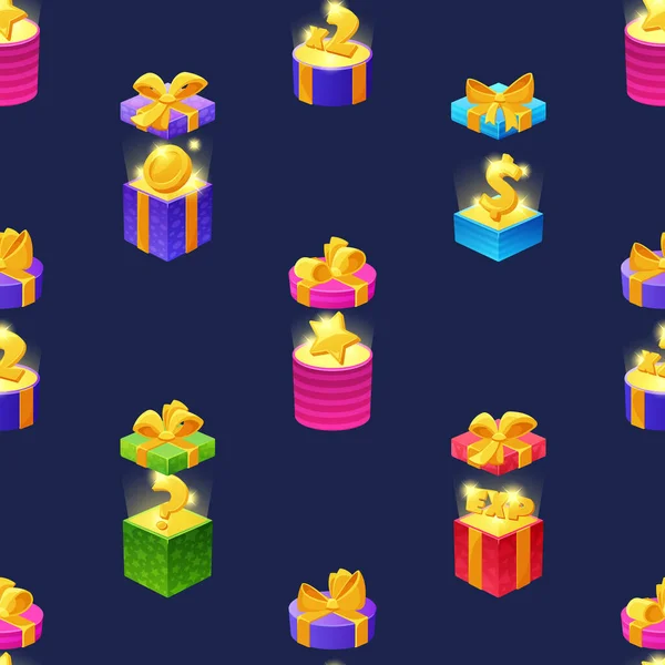 Vibrant Seamless Model Featuring Wrapped Open Gift Boxes Assets Surprises — Stockový vektor