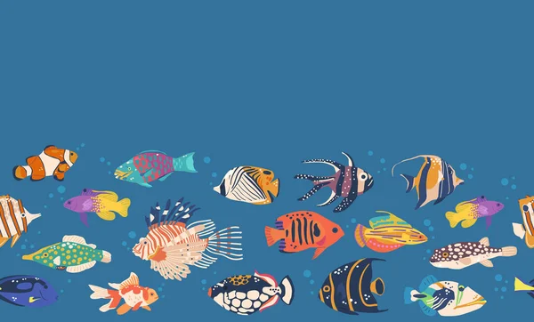 Яскравий Безшовний Візерунок Різноманітністю Барвистих Морських Риб Які Плавають Витончено — стоковий вектор