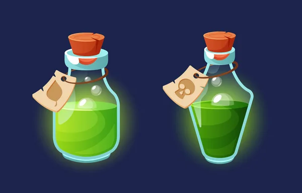 Förtrollande Trolldryck Flaskor Med Gröna Mystiska Elixirer Etiketter Och Trä — Stock vektor
