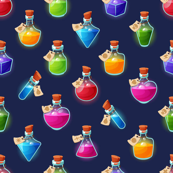 Enchanting Seamless Pattern Featuring Variety Of Magic Potion Bottles. Perfect For Adding A Touch Of Whimsy And Mystique To Designs Or Decor. Cartoon Magical Tile Background. Vector Illustration