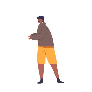 Gülümseyen, kendine güveni ve pozitifliği olan neşeli siyah çocuk, etkileyici el hareketleriyle hareket ediyor. Neşeli Afro-Amerikan Çocuk Karakteri. Çizgi film İnsanları Vektör İllüstrasyonu