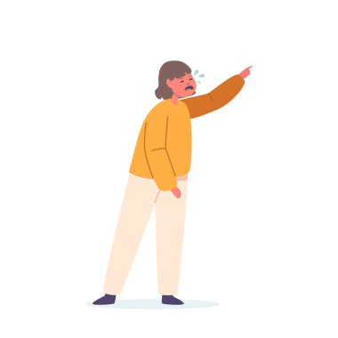 Gözyaşları içinde sorunlu çocuk karakteri, parmaklarıyla işaret eden, beyaz arka planda izole edilmiş yoğun duygular ya da hayal kırıklıklarını ifade eden. Çizgi film İnsanları Vektör İllüstrasyonu