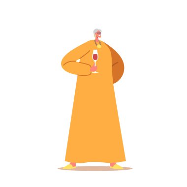 Elinde şarap kadehi tutan kıdemli bir kadın yüzünde nazik bir gülümsemeyle, sıcaklık ve rahatlama saçıyor. Yaşlanmış Kadın Karakter Partisi ya da Başarı Partisi. Çizgi film İnsanları Vektör İllüstrasyonu