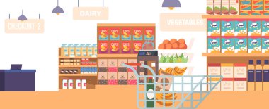 Parlak ve Geniş, süpermarketin içi düzenli koridorlar, stoklanmış raflar ve çeşitli ürünlerle dolu. Trolley ve Checkout Area ile alışveriş yap. Çizgi film Vektör İllüstrasyonu