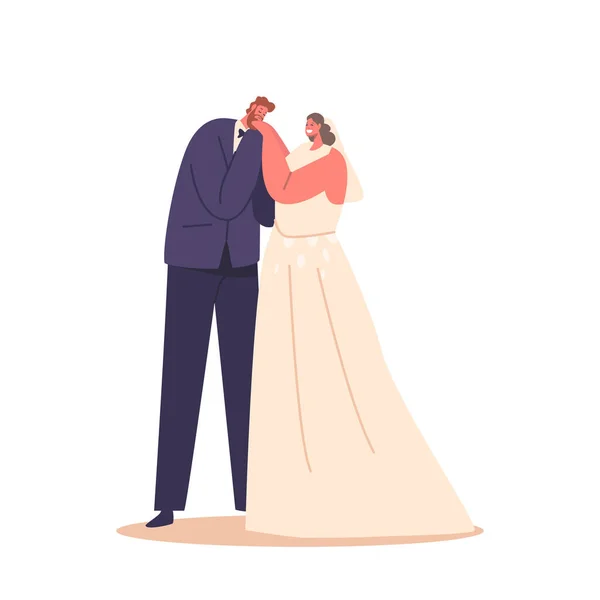 エレガントな結婚式の服装で身に着けている愛と放射状の新婚夫婦の文字 公開抱擁とキスを共有 彼らの特別な日の雰囲気の中でベーキング 漫画人ベクトルイラスト — ストックベクタ