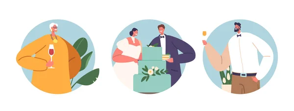 Zole Edilmiş Düğün Karakterli Yuvarlak Simgeler Gelin Damat Pastalarını Birlikte — Stok Vektör