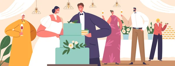 Éljenzés Taps Közepette Menyasszony Vőlegény Szeretetteljesen Elvágták Esküvői Tortájukat Szimbolizálva — Stock Vector