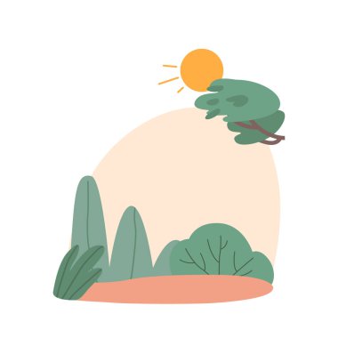 Berrak bir arazide parlayan güneşli sakin bir manzara, yumuşak esintide zarif bir şekilde sallanan ağaçlar ve çalılar. İzole edilmiş Simge, Tasarım Elementi. Çizgi film Vektör İllüstrasyonu