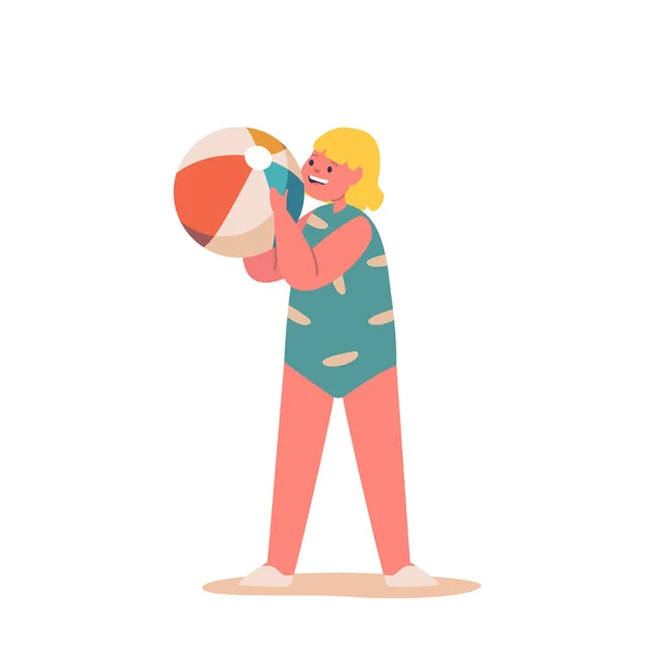 Веселая Девочка Персонаж Играющая Мячом Песчаном Пляже Удовольствием Наслаждается Теплом — стоковый вектор