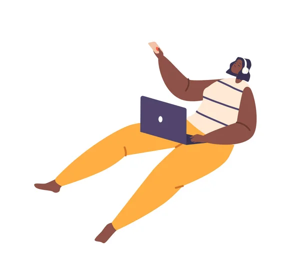 Personagem Multitasking Woman Com Laptop Sem Esforço Controlando Seu Condicionado —  Vetores de Stock